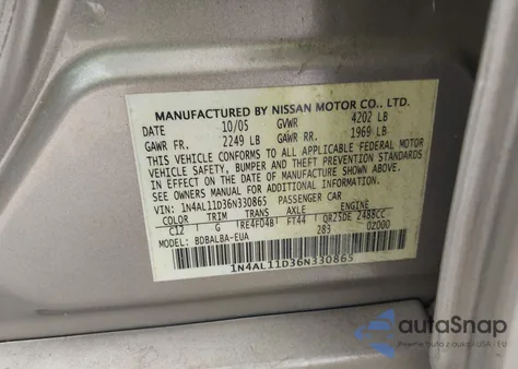 2006 Nissan Altima 2.5 S z USA, uszkodzony, nr VIN 1N4AL11D36N330865